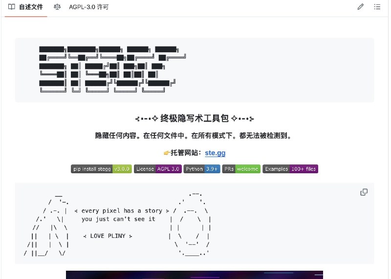 这个小项目通过隐写术给任何东西加密核心理念是：将秘密数据隐藏在各种文件中，几乎所有常见文件格式都可以用来藏数据，从图片、音乐、Word/PDF 文档，到代码文件、网络数据包，甚至一条普通的聊天消息等等