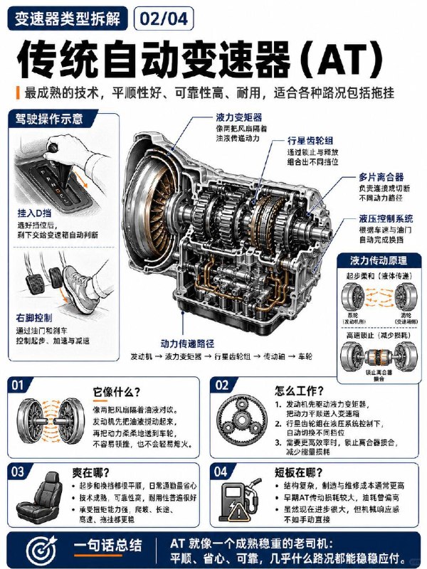 汽车小知识汽车4种变速箱自动变速器代表品牌和车型：Toyota：Camry、RAV4（非混动版多用8AT/Direct Shift-CVT混合）BMW：3系、5系 CVT无级变速器代表品牌和车型：Nissan：Rogue、AltimaHonda：Civic（部分非Type R）Subaru：Crosstrek、Forester、Outback 双离合变速器代表品牌和车型：Porsche：911、CaymanAudi：S3、RS3 手动变速器代表品牌和车型：驾照车、手动爱好者的车
