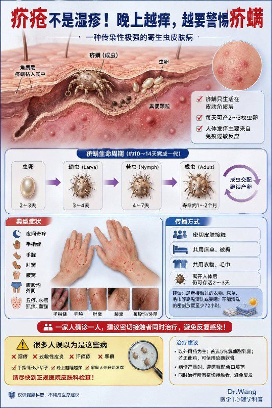 「医学科普：很多人把它当湿疹 一拖就是几个月！」皮肤一到晚上就痒，很多人的第一反应"是不是湿疹？"or"是不是过敏？"，于是自己去药店买药膏涂一涂，结果越治越严重，甚至一家人都开始发痒……在门诊，这种情况并不少见
