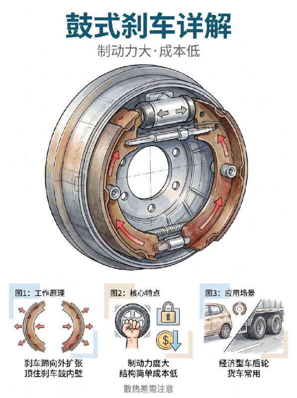 汽车小知识汽车刹车系统 盘式vs鼓式怎么选？每天都在开车，但你真的了解脚下的刹车吗？刹车是关键时刻能救命的系统：  一、 刹车是怎么工作的？（动能👉热能） 踩下制动踏板 ➡️ 真空助力器将力量放大 ➡️ 推动制动总泵传递液压 ➡️ 刹车油管路传导 ➡️ 卡钳死死夹住刹车盘产生摩擦！ (简单说：就是用摩擦力把车子的运动能量变成热能散发掉！)  二、 盘式刹车 vs 鼓式刹车，到底哪个好？ 很多买车的朋友都会纠结这个配置，其实各有优劣：  盘式刹车 (主流配置)： 优点：散热性能极其优秀！抗热衰退能力强，连续刹车不脚软，脚感线性