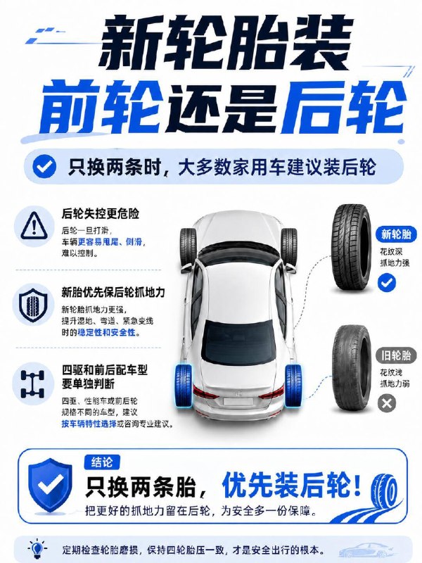 汽车小知识🚗只换两条新轮胎，到底装前轮还是后轮？有人说装前轮，因为前轮负责转向+驱动有人说装后轮，因为后轮失控更危险到底听谁的？🔍先说结论：大多数家用车，只换两条新胎 → 优先装❗后轮❗为什么？后轮一旦打滑，车尾就会甩、侧滑、横摆普通人根本救不回来尤其是雨天、高速、紧急变线，后轮抓地力不够 = 玩命前轮打滑叫“推头”，本能收油减速还能救后轮打滑叫“甩尾”，等你反应过来可能已经转圈了所以安全逻辑是：不是看谁干活多，而是看谁失控更难救那为什么有人说装前轮？前轮磨损快、影响转向手感、前驱车还负责驱动这个说法更偏向“驾驶体验”但从“安全边界”角度，后轮优先是行业共识⚠️但这几种情况不能乱套：1️⃣ 前后轮规格不同（比如性能车、后驱车）不能随便对调，按原厂规格装2️⃣ 四驱/AWD车型尽量换四条，或者按厂家要求来3️⃣ 旧胎已经鼓包、开裂、磨到极限别纠结前后了，赶紧全换！4️⃣ 方向性/非对称轮胎安装要注意旋转方向和内外侧标识✅普通家用车操作指南：· 新轮胎装后轮· 把原来后轮里状态较好的旧胎调到前轮· 保证同轴轮胎规格、花纹方向一致