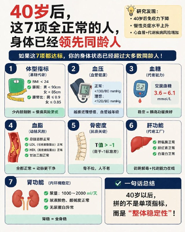 「医学科普：40岁后这7个身体指标要重视！」研究证实，40岁起免疫功能下降和炎症相关因子水平上升，心血管、代谢性疾病风险开始增加