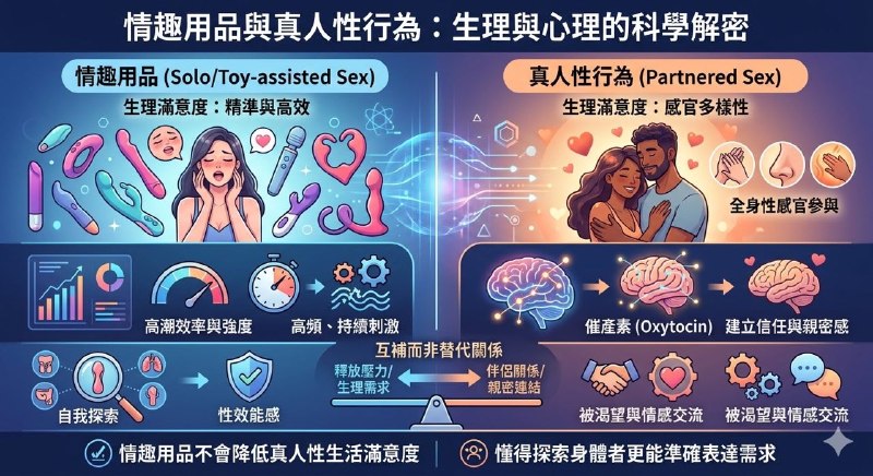 大家会不会好奇情趣用品是否可以取代人类，甚至优于人类？在性健康与心理学研究中，使用情趣用品（Solo Sex/Toy-assisted sex）与和真人进行性行为（Partnered Sex）确实存在显著的差异且两者并非「替代」关系，更多的是「互补」关系