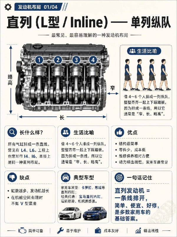 汽车小知识汽车发动机的 4 种排列方式直列发动机 燃油家用车里最常见的一种卡罗拉、思域这类家用车，最常见的就是直列四缸