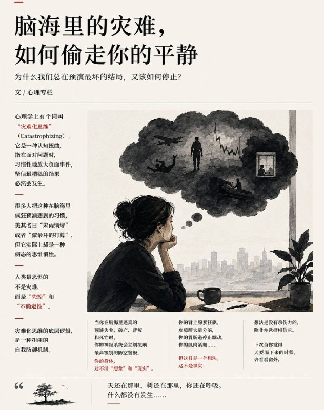 心理学上有个词叫“灾难化思维”（Catastrophizing）