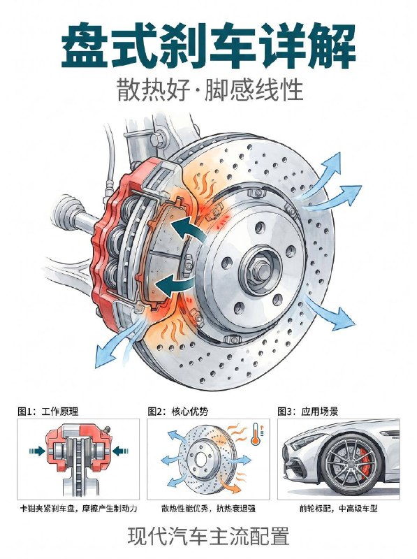 汽车小知识汽车刹车系统 盘式vs鼓式怎么选？每天都在开车，但你真的了解脚下的刹车吗？刹车是关键时刻能救命的系统：  一、 刹车是怎么工作的？（动能👉热能） 踩下制动踏板 ➡️ 真空助力器将力量放大 ➡️ 推动制动总泵传递液压 ➡️ 刹车油管路传导 ➡️ 卡钳死死夹住刹车盘产生摩擦！ (简单说：就是用摩擦力把车子的运动能量变成热能散发掉！)  二、 盘式刹车 vs 鼓式刹车，到底哪个好？ 很多买车的朋友都会纠结这个配置，其实各有优劣：  盘式刹车 (主流配置)： 优点：散热性能极其优秀！抗热衰退能力强，连续刹车不脚软，脚感线性
