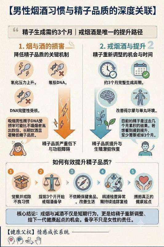 吸烟男性的精子DNA受损率可能比不吸烟者高出数倍，而长期饮酒也会显著降低精子品质
