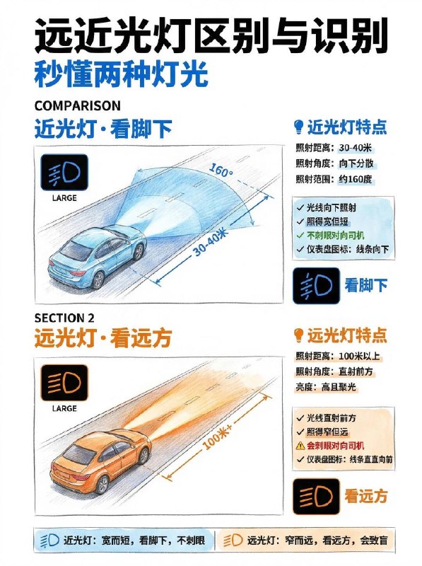 #汽车小知识夜间开车远近光灯到底怎么切？夜间开车，最让人深恶痛绝的绝对是“滥用远光灯”！两柱强光直射过来，瞬间致盲的那几秒钟里，整辆车简直就是在“盲开”，危险系数直接拉满！⚠️【远近光灯】的保命用法，拒绝做令人讨厌的“马路杀手”：🔵 一秒认清仪表盘标志：绿色斜线 🟢： 近光灯