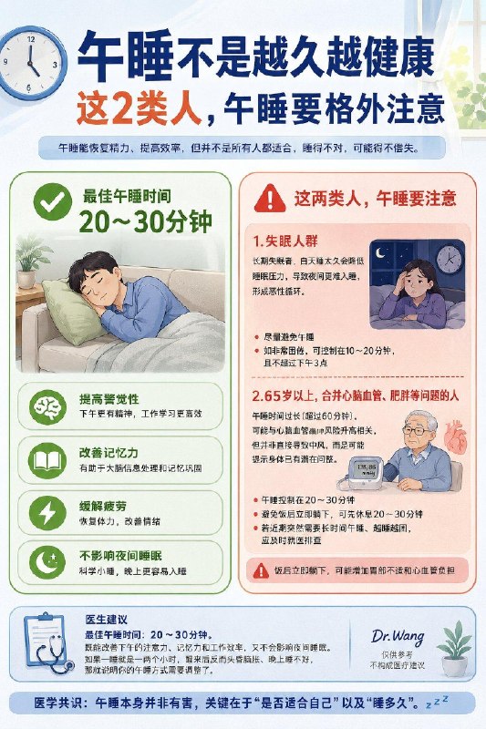 「健康科普：午睡并不是人人适合！这两类人午睡要格外注意」很多人认为中午睡上一觉，对身体最好！但实际上，午睡并不是越长越好也并非人人都适合