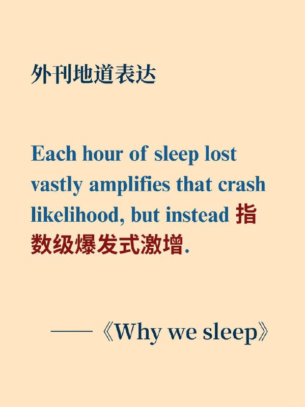 积累一个外刊地道表达——指数级爆发式激增📙《Why we sleep》 ✨外刊原句：Each hour of sleep lost vastly amplifies that crash likelihood, but instead exponentially mushrooms.每少睡一小时，不仅会极大地放大发生车祸的可能性，甚至会让这种风险呈指数级爆发式激增