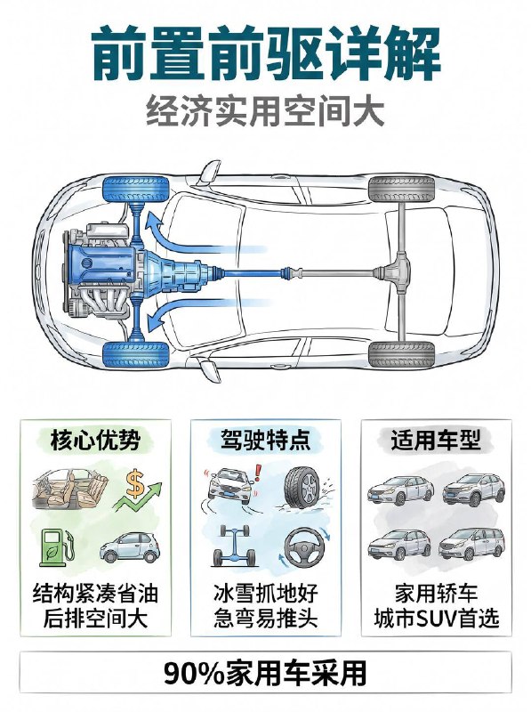 汽车小知识前驱 / 后驱 / 四驱区别🚗 前置前驱 FWD｜家用代步天花板市面上 90% 的家用车都采用这个布局，动力直接输出到前轮，相当于 “拉着” 车子跑✅ 核心优势：没有传动轴侵占空间，后排地板几乎纯平，乘坐空间拉满；结构简单成本低，买车、修车都便宜，油耗也更友好；车头重量大，冰雪天起步抓地更稳❌ 短板：急弯容易出现 “推头”（转向不足），操控乐趣比较弱👉 适配：家用轿车、城市 SUV，日常通勤、带娃买菜首选🏎️ 前置后驱 RWD｜操控玩家本命豪华轿车和运动跑车的经典布局，动力通过传动轴传向后轮，相当于 “推着” 车子跑✅ 核心优势：前后配重接近 50:50，车身平衡感拉满；前轮专注转向，指向精准，加速强劲有劲，驾驶乐趣直接拉满❌ 短板：后排中间有传动轴凸起，中间乘客舒适度打折扣；雨雪天容易甩尾，油耗和售价都比前驱更高👉 适配：豪华轿车、运动跑车，追求驾驶质感的朋友必选🛻 四驱 4WD｜全路况安全感担当四个轮子都能分配动力，抓地力和行驶稳定性直接升级✅ 核心优势：湿滑路面、冰雪天、非铺装路都比两驱稳太多，通过性和过弯极限都更高，全天候安全感拉满❌ 短板：结构复杂造价高，购车成本和油耗都明显上升👉 适配：越野玩家、北方多雪地区、经常跑山路 / 烂路的朋友📌 四驱还分 3 种，别买错浪费钱▫️ 适时四驱：电脑自动切换两驱 / 四驱，日常两驱省油，车轮打滑时自动介入，城市 SUV 最常用▫️ 分时四驱：需要手动切换驱动模式，硬派越野专属，纯城市代步基本用不上▫️ 全时四驱：全程四轮驱动，公路操控和烂路脱困都很强，大多是豪华车型配置💡 最后总结选型公式：日常家用通勤 → 前驱足够，性价比最高追求驾驶乐趣 → 后驱更有驾驶灵魂路况复杂 / 注重安全 → 四驱给足安全感没有最好的驱动方式，只有最适合你的选择～