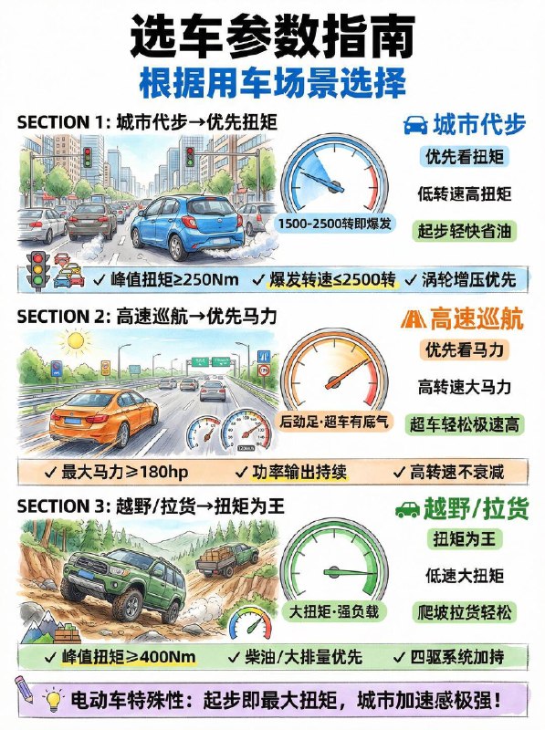 #汽车小知识 扭矩和马力到底哪个更重要？买车的时候，销售总跟你说 “这台车马力大、跑得快”，但你真的知道，马力和扭矩哪个才是家用车的关键吗？💡先搞懂：扭矩和马力到底是什么？扭矩 = 发动机的 “力气”决定了起步爆发力、推背感和爬坡能力，0-60km/h 加速、红绿灯起步全靠它