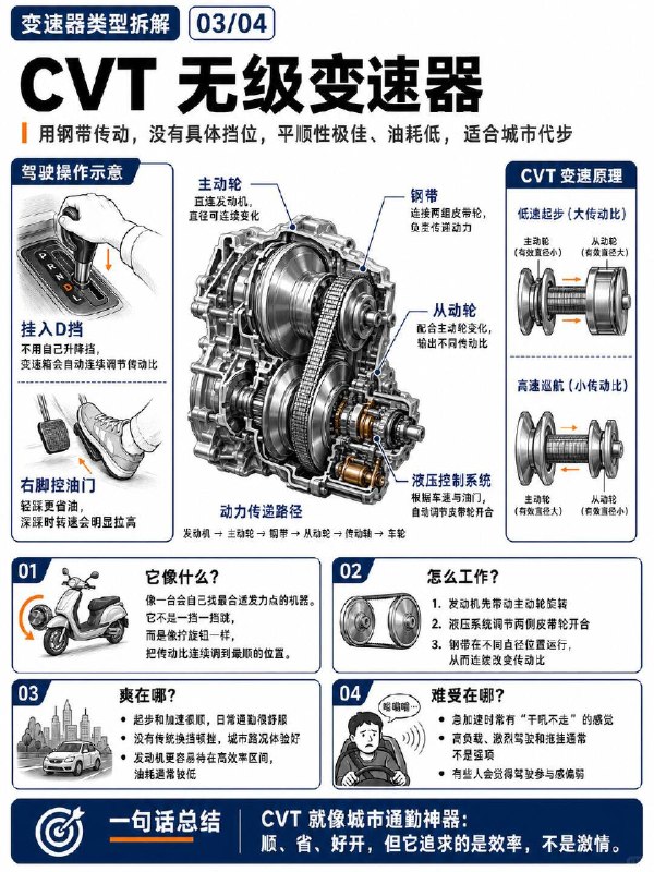 汽车小知识汽车4种变速箱自动变速器代表品牌和车型：Toyota：Camry、RAV4（非混动版多用8AT/Direct Shift-CVT混合）BMW：3系、5系 CVT无级变速器代表品牌和车型：Nissan：Rogue、AltimaHonda：Civic（部分非Type R）Subaru：Crosstrek、Forester、Outback 双离合变速器代表品牌和车型：Porsche：911、CaymanAudi：S3、RS3 手动变速器代表品牌和车型：驾照车、手动爱好者的车