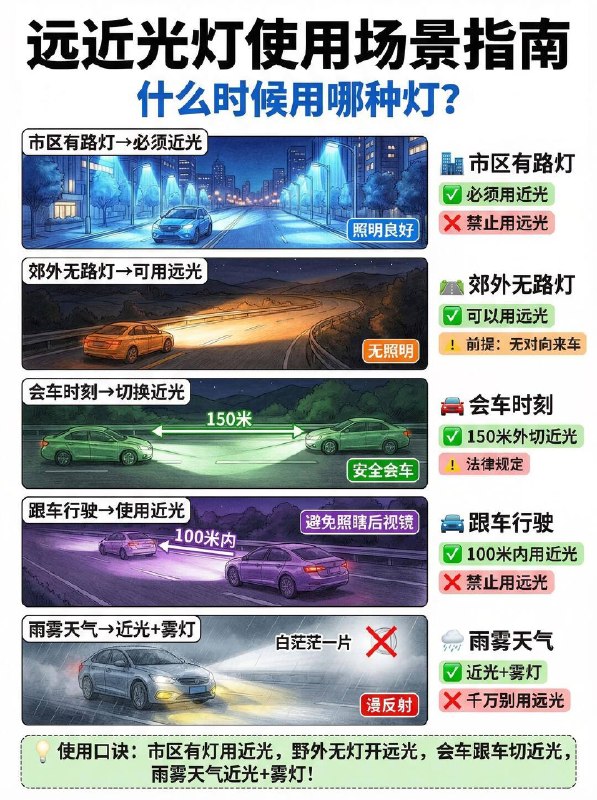 #汽车小知识夜间开车远近光灯到底怎么切？夜间开车，最让人深恶痛绝的绝对是“滥用远光灯”！两柱强光直射过来，瞬间致盲的那几秒钟里，整辆车简直就是在“盲开”，危险系数直接拉满！⚠️【远近光灯】的保命用法，拒绝做令人讨厌的“马路杀手”：🔵 一秒认清仪表盘标志：绿色斜线 🟢： 近光灯