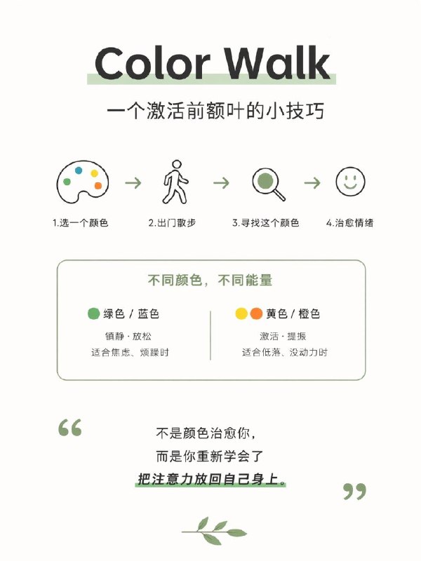 「一个目前正在流行的“前额叶激活术”：Color Walk」最近，心理学圈里有个很有意思的小方法在流行——Color Walk（颜色散步）