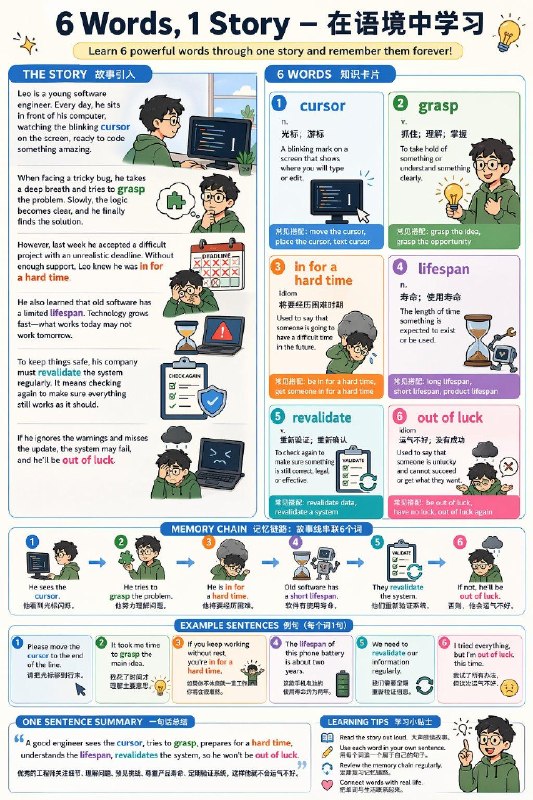 示例：生成一张英语学习高密度信息图海报，标题为“6 Words, 1 Story – 在语境中学习”