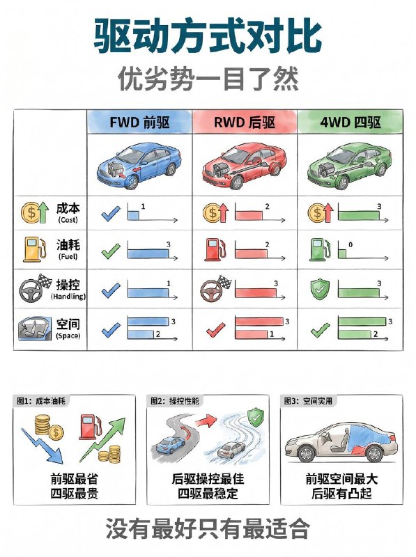 汽车小知识前驱 / 后驱 / 四驱区别🚗 前置前驱 FWD｜家用代步天花板市面上 90% 的家用车都采用这个布局，动力直接输出到前轮，相当于 “拉着” 车子跑✅ 核心优势：没有传动轴侵占空间，后排地板几乎纯平，乘坐空间拉满；结构简单成本低，买车、修车都便宜，油耗也更友好；车头重量大，冰雪天起步抓地更稳❌ 短板：急弯容易出现 “推头”（转向不足），操控乐趣比较弱👉 适配：家用轿车、城市 SUV，日常通勤、带娃买菜首选🏎️ 前置后驱 RWD｜操控玩家本命豪华轿车和运动跑车的经典布局，动力通过传动轴传向后轮，相当于 “推着” 车子跑✅ 核心优势：前后配重接近 50:50，车身平衡感拉满；前轮专注转向，指向精准，加速强劲有劲，驾驶乐趣直接拉满❌ 短板：后排中间有传动轴凸起，中间乘客舒适度打折扣；雨雪天容易甩尾，油耗和售价都比前驱更高👉 适配：豪华轿车、运动跑车，追求驾驶质感的朋友必选🛻 四驱 4WD｜全路况安全感担当四个轮子都能分配动力，抓地力和行驶稳定性直接升级✅ 核心优势：湿滑路面、冰雪天、非铺装路都比两驱稳太多，通过性和过弯极限都更高，全天候安全感拉满❌ 短板：结构复杂造价高，购车成本和油耗都明显上升👉 适配：越野玩家、北方多雪地区、经常跑山路 / 烂路的朋友📌 四驱还分 3 种，别买错浪费钱▫️ 适时四驱：电脑自动切换两驱 / 四驱，日常两驱省油，车轮打滑时自动介入，城市 SUV 最常用▫️ 分时四驱：需要手动切换驱动模式，硬派越野专属，纯城市代步基本用不上▫️ 全时四驱：全程四轮驱动，公路操控和烂路脱困都很强，大多是豪华车型配置💡 最后总结选型公式：日常家用通勤 → 前驱足够，性价比最高追求驾驶乐趣 → 后驱更有驾驶灵魂路况复杂 / 注重安全 → 四驱给足安全感没有最好的驱动方式，只有最适合你的选择～