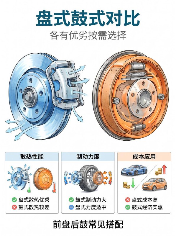 汽车小知识汽车刹车系统 盘式vs鼓式怎么选？每天都在开车，但你真的了解脚下的刹车吗？刹车是关键时刻能救命的系统：  一、 刹车是怎么工作的？（动能👉热能） 踩下制动踏板 ➡️ 真空助力器将力量放大 ➡️ 推动制动总泵传递液压 ➡️ 刹车油管路传导 ➡️ 卡钳死死夹住刹车盘产生摩擦！ (简单说：就是用摩擦力把车子的运动能量变成热能散发掉！)  二、 盘式刹车 vs 鼓式刹车，到底哪个好？ 很多买车的朋友都会纠结这个配置，其实各有优劣：  盘式刹车 (主流配置)： 优点：散热性能极其优秀！抗热衰退能力强，连续刹车不脚软，脚感线性