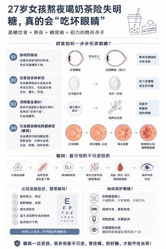 近日一名27岁身患糖尿病的女孩因日均饮用2-3杯奶茶且忽视用药，导致双眼视力骤降至0.2，经入院紧急治疗才避免永久失明，登上热搜……糖尿病患者引起失明的风险高达30%！糖尿病视网膜病变是糖尿病全身严重的并发症之一