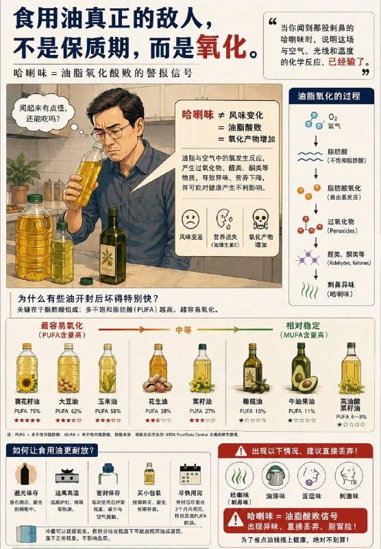 「健康科普：食用油真正的敌人 并不是保质期」很多人买油时会非常认真的看保质期，却往往忽略了一个更重要的问题，食用油从你开封那一刻起，就已经开始变质了……当然，这种变化不是一夜之间发生的，而是一场缓慢进行的化学反应：氧化