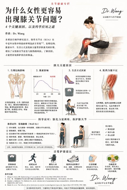 「医学科普：为什么女性更容易出现膝关节问题？医生总结4个关键原因」很多女性第一次意识到膝盖出了问题，并不是在60岁，而是在30多岁