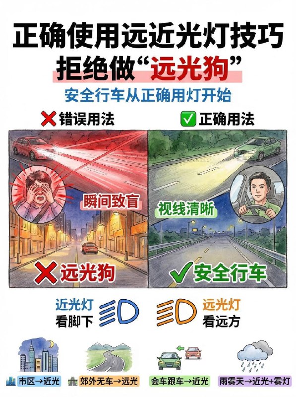 #汽车小知识夜间开车远近光灯到底怎么切？夜间开车，最让人深恶痛绝的绝对是“滥用远光灯”！两柱强光直射过来，瞬间致盲的那几秒钟里，整辆车简直就是在“盲开”，危险系数直接拉满！⚠️【远近光灯】的保命用法，拒绝做令人讨厌的“马路杀手”：🔵 一秒认清仪表盘标志：绿色斜线 🟢： 近光灯