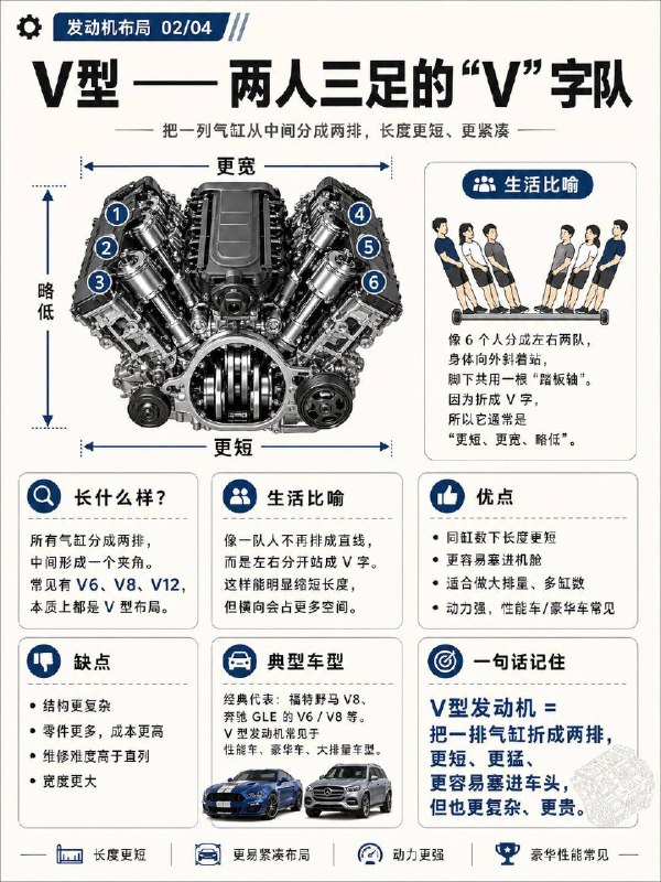 汽车小知识汽车发动机的 4 种排列方式直列发动机 燃油家用车里最常见的一种卡罗拉、思域这类家用车，最常见的就是直列四缸