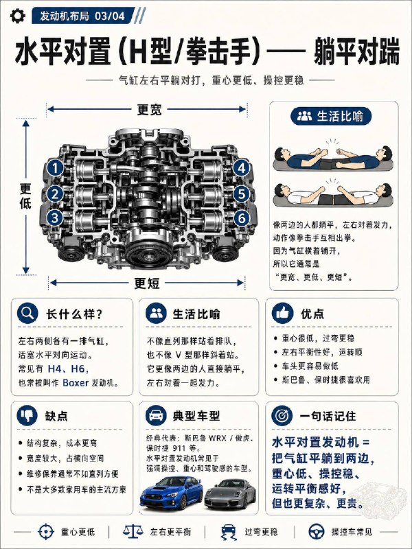 汽车小知识汽车发动机的 4 种排列方式直列发动机 燃油家用车里最常见的一种卡罗拉、思域这类家用车，最常见的就是直列四缸