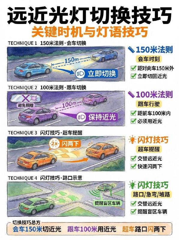 #汽车小知识夜间开车远近光灯到底怎么切？夜间开车，最让人深恶痛绝的绝对是“滥用远光灯”！两柱强光直射过来，瞬间致盲的那几秒钟里，整辆车简直就是在“盲开”，危险系数直接拉满！⚠️【远近光灯】的保命用法，拒绝做令人讨厌的“马路杀手”：🔵 一秒认清仪表盘标志：绿色斜线 🟢： 近光灯