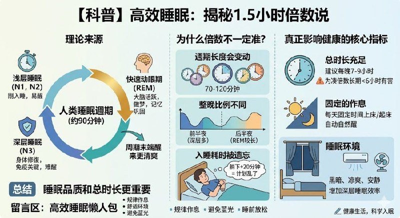 你有听过如果要高效睡眠就睡1.5小时的倍數吗大家无论是在升学还是在事业时都会首先牺牲的是睡眠时间如何睡得有效率是每个人都会好奇以及非常需要了解的生活知识下面来跟大家分享一下1.5小时睡眠法不是真的吧~~先跟大家说一个小结论，目前的睡眠研究表明，比起强求“1.5小时的倍数”，睡眠质量和总时长反而更重要