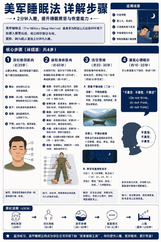 如果你睡不着，可以练习下美军睡眠法，亲测效果不错，送给同样失眠的小伙伴