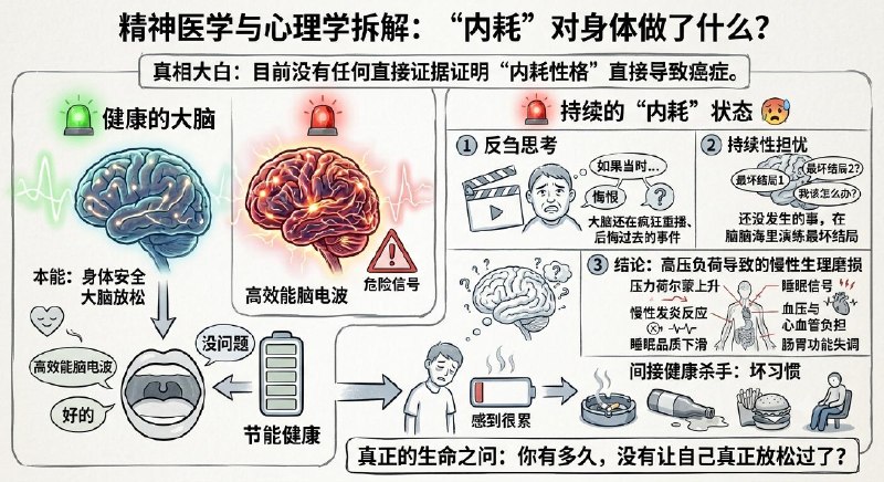 内耗的人，比较容易得癌症？这句话一出来，直接让本来就爱焦虑的人，变得更焦虑了先说结论，从现代医学的角度来看，目前没有任何直接证据证明，内耗性格会直接导致癌症与其吓自己，不如退一步，用科学的角度来看看内耗究竟在对你的身体做什么？精神医学与心理学把我们常说的内耗，拆解为两个具体的行为1. 反刍思考：事情明明过去了，你的大脑还在疯狂重播、后悔2. 持续性担忧：事情还没发生，你已经在脑海里演练了十几种最坏的结局简单来说，就是你的身体明明已经安全了，大脑却一直以为危险还在