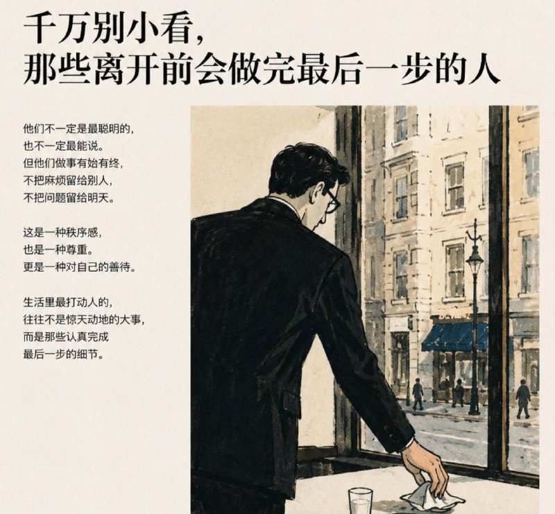 生活中总有这样一类人：他们发完消息，会把话说完整；做完工作，会检查最后一遍；离开一个地方，会顺手做好收尾
