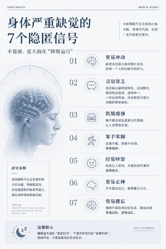 「健康科普：睡眠不足的7个隐匿表现」一个缺觉的人不仅会犯困、情绪＆反应能力等也会随之出现一系列改变