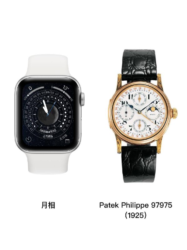 Apple Watch表盘设计灵感解析▶️「月相」月相显示这项复杂功能最早出现在腕表上，要追溯到 1925 年的百达翡丽，随后在 1949 年，劳力士也推出了自己的月相表款 Reference 8171