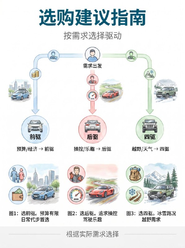 汽车小知识前驱 / 后驱 / 四驱区别🚗 前置前驱 FWD｜家用代步天花板市面上 90% 的家用车都采用这个布局，动力直接输出到前轮，相当于 “拉着” 车子跑✅ 核心优势：没有传动轴侵占空间，后排地板几乎纯平，乘坐空间拉满；结构简单成本低，买车、修车都便宜，油耗也更友好；车头重量大，冰雪天起步抓地更稳❌ 短板：急弯容易出现 “推头”（转向不足），操控乐趣比较弱👉 适配：家用轿车、城市 SUV，日常通勤、带娃买菜首选🏎️ 前置后驱 RWD｜操控玩家本命豪华轿车和运动跑车的经典布局，动力通过传动轴传向后轮，相当于 “推着” 车子跑✅ 核心优势：前后配重接近 50:50，车身平衡感拉满；前轮专注转向，指向精准，加速强劲有劲，驾驶乐趣直接拉满❌ 短板：后排中间有传动轴凸起，中间乘客舒适度打折扣；雨雪天容易甩尾，油耗和售价都比前驱更高👉 适配：豪华轿车、运动跑车，追求驾驶质感的朋友必选🛻 四驱 4WD｜全路况安全感担当四个轮子都能分配动力，抓地力和行驶稳定性直接升级✅ 核心优势：湿滑路面、冰雪天、非铺装路都比两驱稳太多，通过性和过弯极限都更高，全天候安全感拉满❌ 短板：结构复杂造价高，购车成本和油耗都明显上升👉 适配：越野玩家、北方多雪地区、经常跑山路 / 烂路的朋友📌 四驱还分 3 种，别买错浪费钱▫️ 适时四驱：电脑自动切换两驱 / 四驱，日常两驱省油，车轮打滑时自动介入，城市 SUV 最常用▫️ 分时四驱：需要手动切换驱动模式，硬派越野专属，纯城市代步基本用不上▫️ 全时四驱：全程四轮驱动，公路操控和烂路脱困都很强，大多是豪华车型配置💡 最后总结选型公式：日常家用通勤 → 前驱足够，性价比最高追求驾驶乐趣 → 后驱更有驾驶灵魂路况复杂 / 注重安全 → 四驱给足安全感没有最好的驱动方式，只有最适合你的选择～