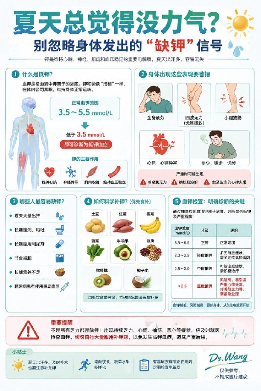 夏天要特别重视补钾！大夏天一走就是几个小时，衣服全湿，汗水不断往下流，很多人觉得多喝几瓶水就够了，其实远远还不够……汗液流失的不只是水，还有钠、钾等电解质