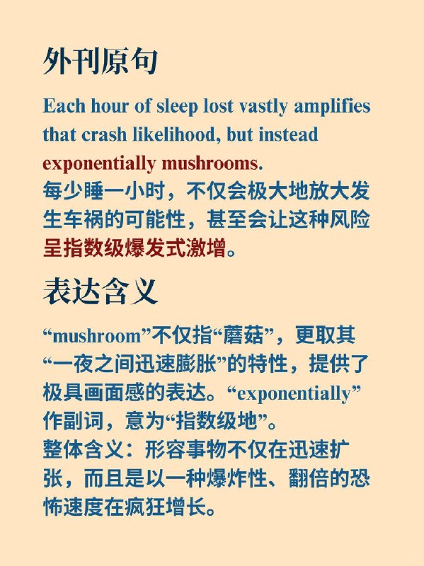 积累一个外刊地道表达——指数级爆发式激增📙《Why we sleep》 ✨外刊原句：Each hour of sleep lost vastly amplifies that crash likelihood, but instead exponentially mushrooms.每少睡一小时，不仅会极大地放大发生车祸的可能性，甚至会让这种风险呈指数级爆发式激增