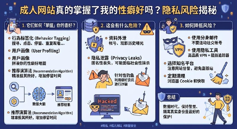 大家在浏览成人网站的时候会不会担心自己的性癖好曝光？听起来很像都市传说对吧？如果成人网站真的都能掌握我们的浏览记录那我们无异于在后台管理员面前裸奔那成人网站真的能掌握我们的浏览数据吗？简单地回答大家～会，它们确实掌握了大量的数据，而且确实存在潜在风险