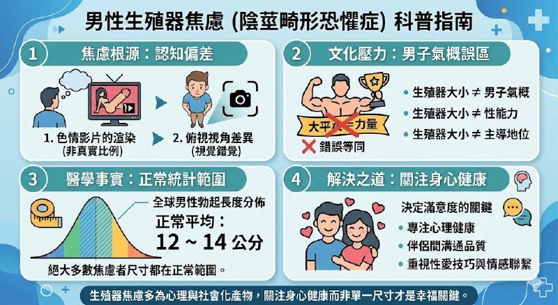 你有生殖器焦虑吗 ？相信许多男性在许多色情片的渲染下对于自己的性器官总会不太满意那么男性是不是大多有生殖器大小的焦虑呢 ？是的，这种焦虑在男性群体中相当普遍，甚至有一个专门的临床术语称为「阴茎畸形恐惧症」（Penile Dysmorphophobia），或者更常见的说法是「小阴茎综合症」