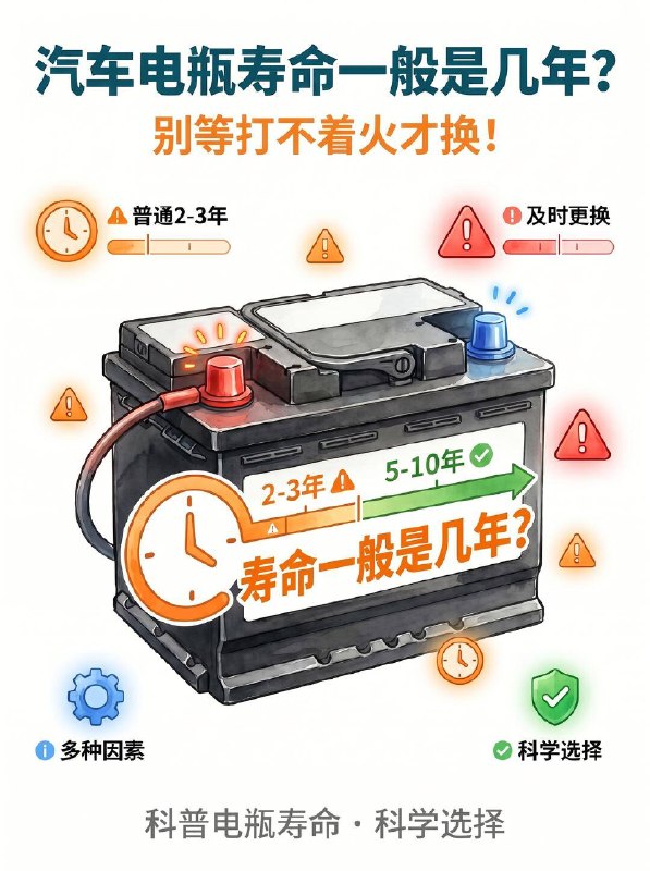 汽车小知识汽车电瓶寿命一般是几年？看完心里有数汽车电瓶这个东西，就像车子的 “隐形心脏”，平时不声不响，一旦坏了直接把你扔在半路… 很多车主都好奇：汽车电瓶寿命一般是几年？ 普通蓄电池的寿命一般在 2-3 年，而 AGM 蓄电池可达 3-5 年，像瓦尔塔这类高品质 AGM 电瓶，寿命甚至能达到 5-10 年