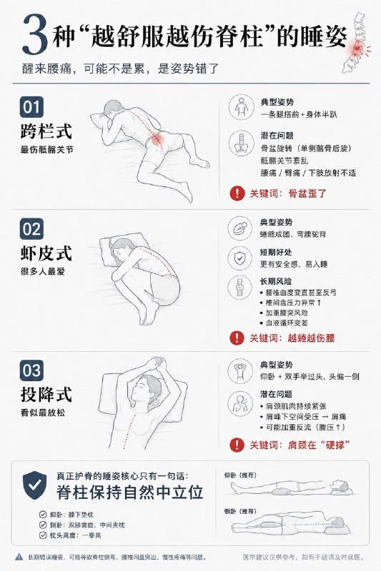 「医学科普：日常“越舒服越伤脊柱”的3种睡姿」