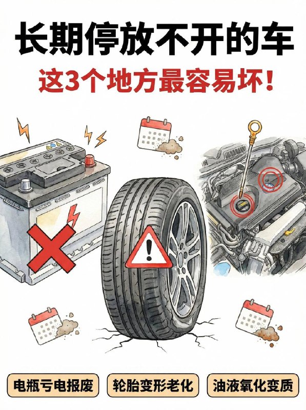 车子停着不开，这3个地方最容易报废🔋 1. 电瓶直接“饿死”（最常见！） 车子虽然熄火，但防盗系统等还在微量耗电（暗电流）
