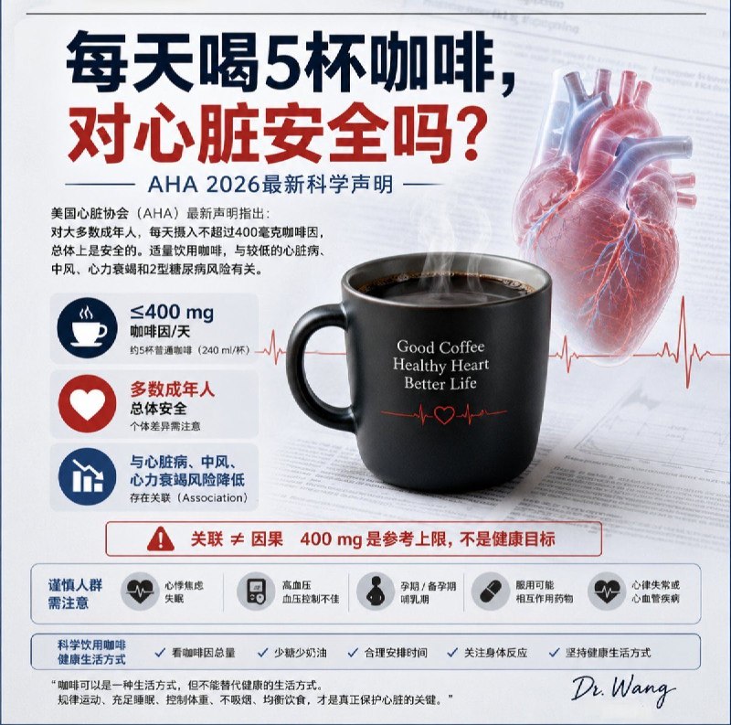 「医学观察：每天喝5杯咖啡对心脏安全吗？AHA最新声明给出了答案」如果你也是像我一样的咖啡爱好者，最近有一条消息值得关注