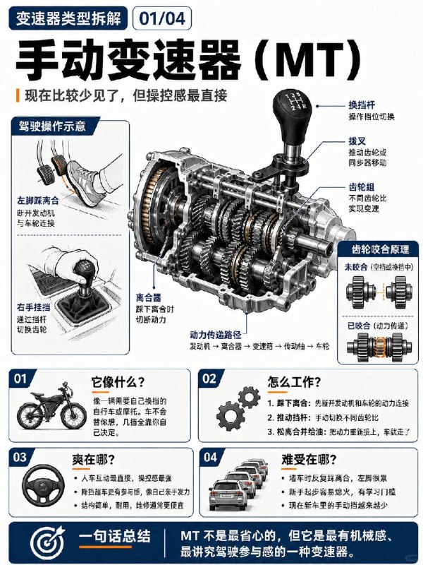 汽车小知识汽车4种变速箱自动变速器代表品牌和车型：Toyota：Camry、RAV4（非混动版多用8AT/Direct Shift-CVT混合）BMW：3系、5系 CVT无级变速器代表品牌和车型：Nissan：Rogue、AltimaHonda：Civic（部分非Type R）Subaru：Crosstrek、Forester、Outback 双离合变速器代表品牌和车型：Porsche：911、CaymanAudi：S3、RS3 手动变速器代表品牌和车型：驾照车、手动爱好者的车