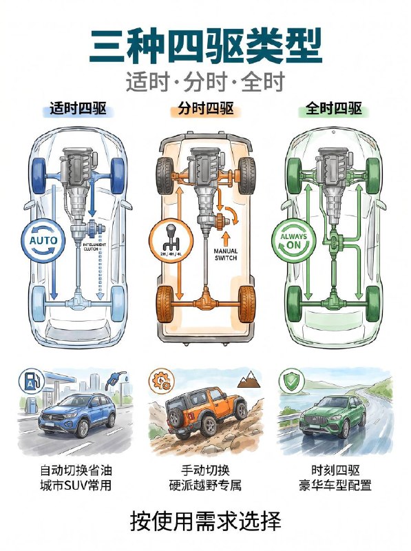 汽车小知识前驱 / 后驱 / 四驱区别🚗 前置前驱 FWD｜家用代步天花板市面上 90% 的家用车都采用这个布局，动力直接输出到前轮，相当于 “拉着” 车子跑✅ 核心优势：没有传动轴侵占空间，后排地板几乎纯平，乘坐空间拉满；结构简单成本低，买车、修车都便宜，油耗也更友好；车头重量大，冰雪天起步抓地更稳❌ 短板：急弯容易出现 “推头”（转向不足），操控乐趣比较弱👉 适配：家用轿车、城市 SUV，日常通勤、带娃买菜首选🏎️ 前置后驱 RWD｜操控玩家本命豪华轿车和运动跑车的经典布局，动力通过传动轴传向后轮，相当于 “推着” 车子跑✅ 核心优势：前后配重接近 50:50，车身平衡感拉满；前轮专注转向，指向精准，加速强劲有劲，驾驶乐趣直接拉满❌ 短板：后排中间有传动轴凸起，中间乘客舒适度打折扣；雨雪天容易甩尾，油耗和售价都比前驱更高👉 适配：豪华轿车、运动跑车，追求驾驶质感的朋友必选🛻 四驱 4WD｜全路况安全感担当四个轮子都能分配动力，抓地力和行驶稳定性直接升级✅ 核心优势：湿滑路面、冰雪天、非铺装路都比两驱稳太多，通过性和过弯极限都更高，全天候安全感拉满❌ 短板：结构复杂造价高，购车成本和油耗都明显上升👉 适配：越野玩家、北方多雪地区、经常跑山路 / 烂路的朋友📌 四驱还分 3 种，别买错浪费钱▫️ 适时四驱：电脑自动切换两驱 / 四驱，日常两驱省油，车轮打滑时自动介入，城市 SUV 最常用▫️ 分时四驱：需要手动切换驱动模式，硬派越野专属，纯城市代步基本用不上▫️ 全时四驱：全程四轮驱动，公路操控和烂路脱困都很强，大多是豪华车型配置💡 最后总结选型公式：日常家用通勤 → 前驱足够，性价比最高追求驾驶乐趣 → 后驱更有驾驶灵魂路况复杂 / 注重安全 → 四驱给足安全感没有最好的驱动方式，只有最适合你的选择～