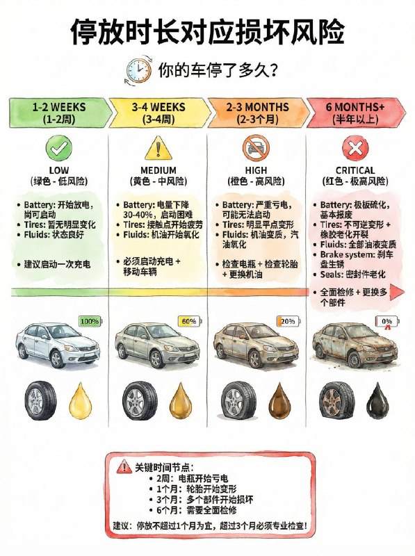 车子停着不开，这3个地方最容易报废🔋 1. 电瓶直接“饿死”（最常见！） 车子虽然熄火，但防盗系统等还在微量耗电（暗电流）