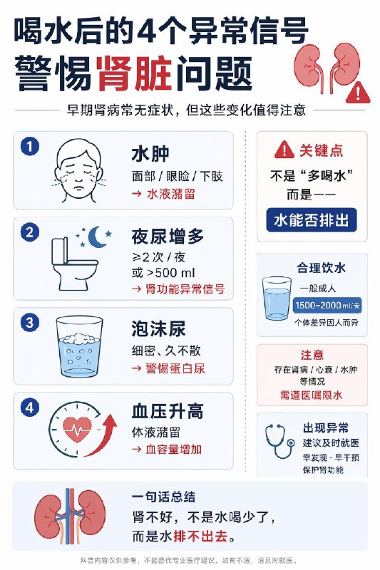 「健康科普：喝水后出现这些表现 可能是肾在求救」很多人以为“多喝水=养肾”，但身体的反应，才是关键信号