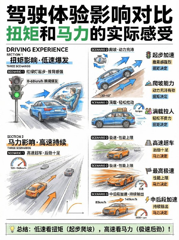 #汽车小知识 扭矩和马力到底哪个更重要？买车的时候，销售总跟你说 “这台车马力大、跑得快”，但你真的知道，马力和扭矩哪个才是家用车的关键吗？💡先搞懂：扭矩和马力到底是什么？扭矩 = 发动机的 “力气”决定了起步爆发力、推背感和爬坡能力，0-60km/h 加速、红绿灯起步全靠它