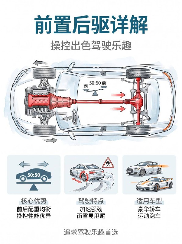 汽车小知识前驱 / 后驱 / 四驱区别🚗 前置前驱 FWD｜家用代步天花板市面上 90% 的家用车都采用这个布局，动力直接输出到前轮，相当于 “拉着” 车子跑✅ 核心优势：没有传动轴侵占空间，后排地板几乎纯平，乘坐空间拉满；结构简单成本低，买车、修车都便宜，油耗也更友好；车头重量大，冰雪天起步抓地更稳❌ 短板：急弯容易出现 “推头”（转向不足），操控乐趣比较弱👉 适配：家用轿车、城市 SUV，日常通勤、带娃买菜首选🏎️ 前置后驱 RWD｜操控玩家本命豪华轿车和运动跑车的经典布局，动力通过传动轴传向后轮，相当于 “推着” 车子跑✅ 核心优势：前后配重接近 50:50，车身平衡感拉满；前轮专注转向，指向精准，加速强劲有劲，驾驶乐趣直接拉满❌ 短板：后排中间有传动轴凸起，中间乘客舒适度打折扣；雨雪天容易甩尾，油耗和售价都比前驱更高👉 适配：豪华轿车、运动跑车，追求驾驶质感的朋友必选🛻 四驱 4WD｜全路况安全感担当四个轮子都能分配动力，抓地力和行驶稳定性直接升级✅ 核心优势：湿滑路面、冰雪天、非铺装路都比两驱稳太多，通过性和过弯极限都更高，全天候安全感拉满❌ 短板：结构复杂造价高，购车成本和油耗都明显上升👉 适配：越野玩家、北方多雪地区、经常跑山路 / 烂路的朋友📌 四驱还分 3 种，别买错浪费钱▫️ 适时四驱：电脑自动切换两驱 / 四驱，日常两驱省油，车轮打滑时自动介入，城市 SUV 最常用▫️ 分时四驱：需要手动切换驱动模式，硬派越野专属，纯城市代步基本用不上▫️ 全时四驱：全程四轮驱动，公路操控和烂路脱困都很强，大多是豪华车型配置💡 最后总结选型公式：日常家用通勤 → 前驱足够，性价比最高追求驾驶乐趣 → 后驱更有驾驶灵魂路况复杂 / 注重安全 → 四驱给足安全感没有最好的驱动方式，只有最适合你的选择～